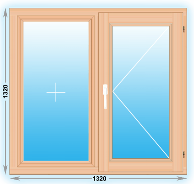 Готовое деревянное окно двухстворчатое 1320x1320 (ширина Х высота)  (1320Х1320)