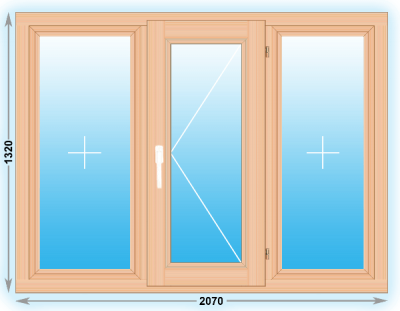 Готовое деревянное окно трехстворчатое 2070x1320