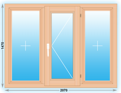 Готовое деревянное окно трехстворчатое 2070x1470 (ширина Х высота)  (2070Х1470)